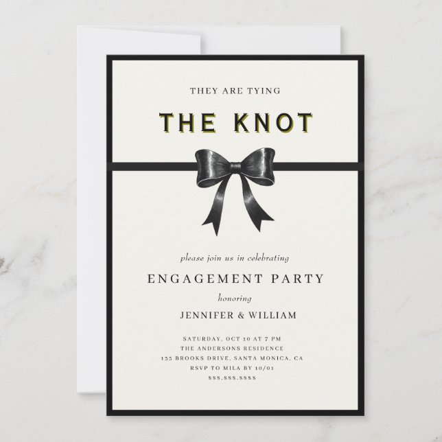 Elegant Black Bow Tying the knot Engagement Party Invitation (Front)