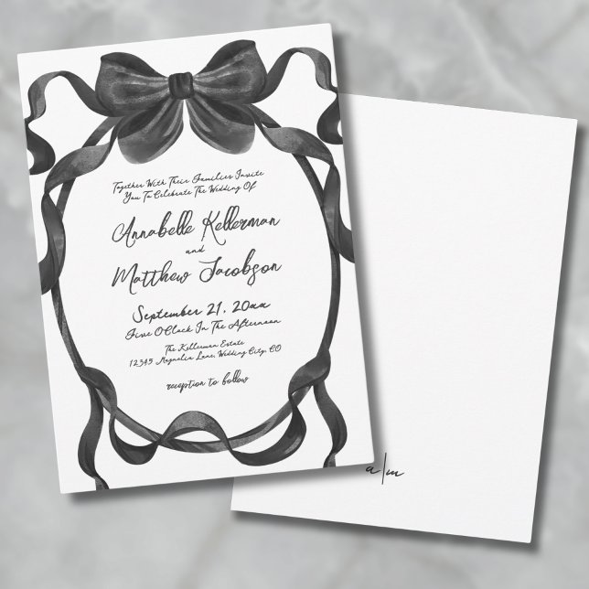 Elegant Black Bow Wedding Invitation (Elegant Stylish Watercolor Black Bow Wedding Invitation)