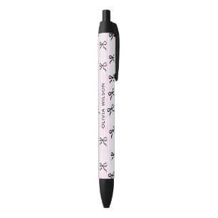 Elegant Black Bows Pink Stripes Monogram Black Ink Pen