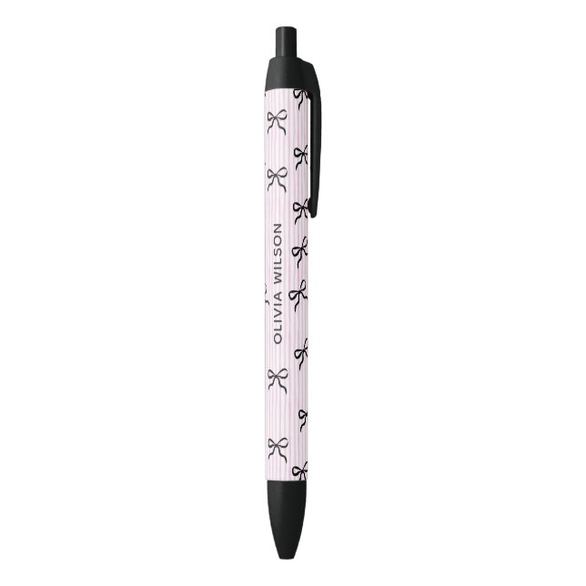 Elegant Black Bows Pink Stripes Monogram Black Ink Pen (Bottom (Vertical))