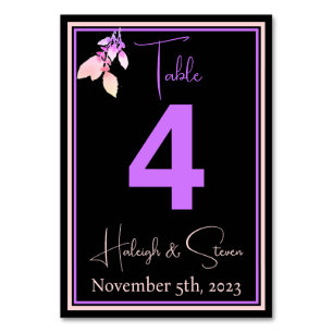 Elegant Black, Bright Violet & Peach Wedding Table Number