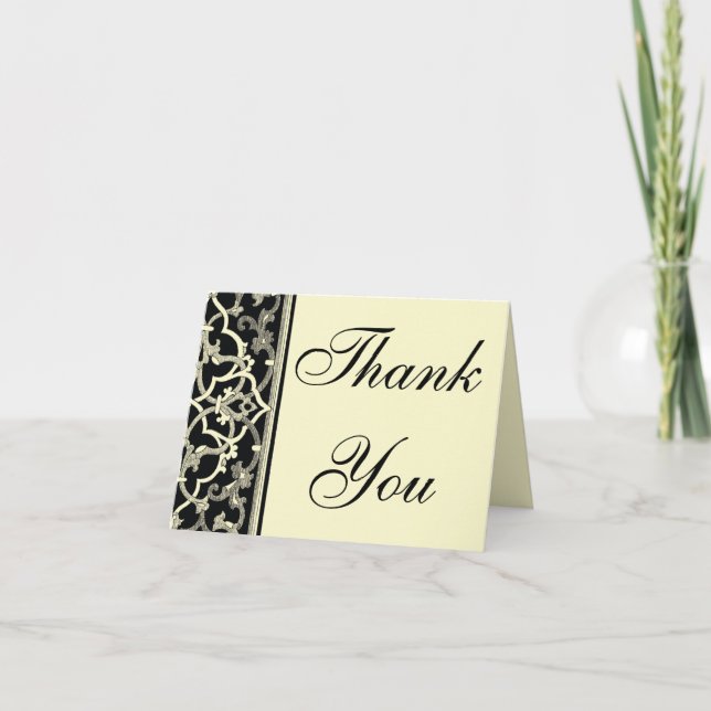 Elegant Black Brocade border Thank you note card (Front)