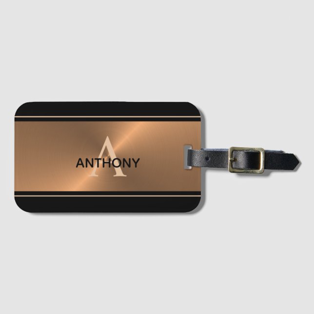 Elegant Black Bronze Metal Monogram Name Luggage Tag (Front Horizontal)