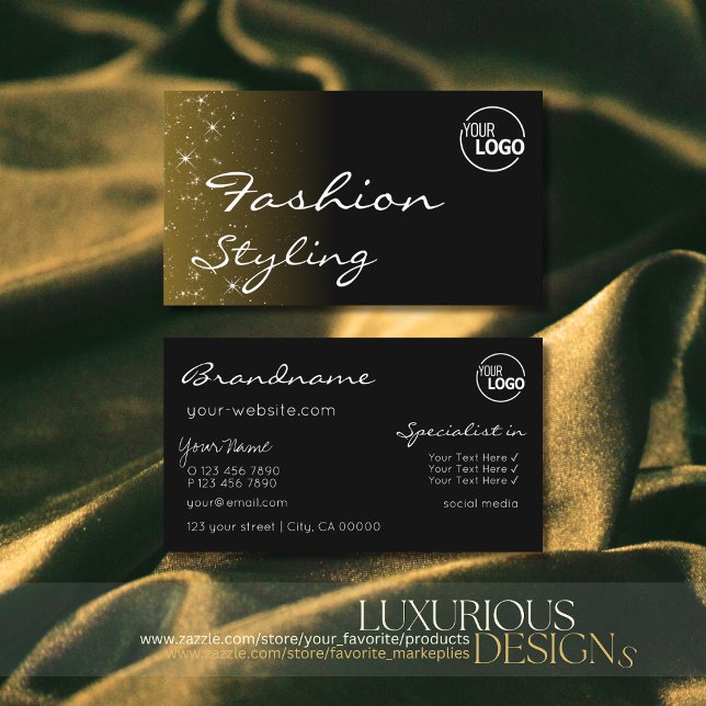 Elegant Black Brown Glitter Stars Chic with Logo Business Card (Creator Uploaded)