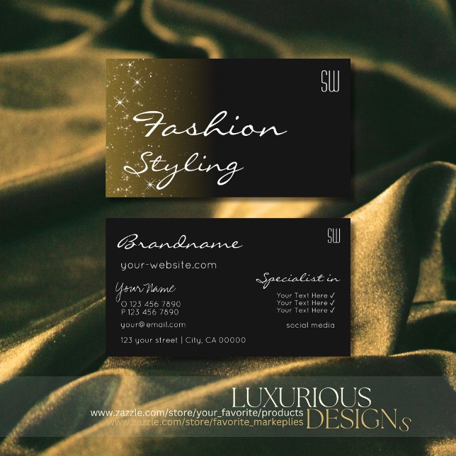 Elegant Black Brown Glitter Stars with Monogram Business Card (Creator Uploaded)