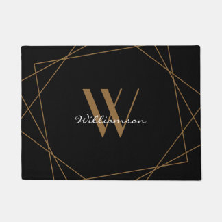 Elegant Black Brown Monogram Add Name Script Doormat