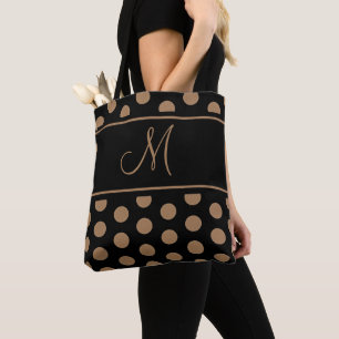 Elegant Black Brown Polka Dots Stripe Monogram Thr Tote Bag