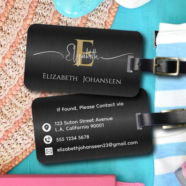 Elegant Black Brushed Metallic Gold Monogrammed  Luggage Tag (Creator Uploaded)