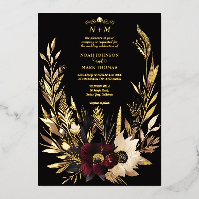 Elegant Black Burgundy and Gold Floral Boho  (Front)