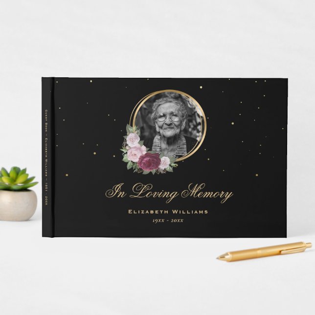 Elegant Black Burgundy Blush Floral Funeral Photo Guest Book (InSitu Display)
