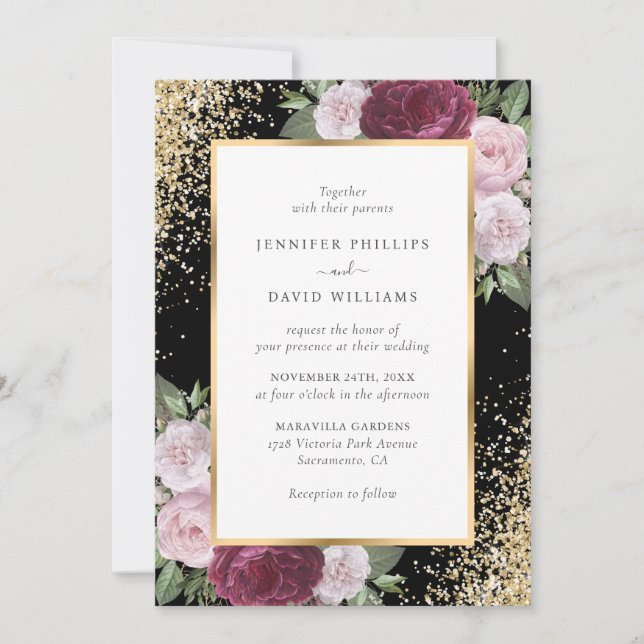 Elegant Black Burgundy Blush Gold Floral Wedding Invitation (Front)