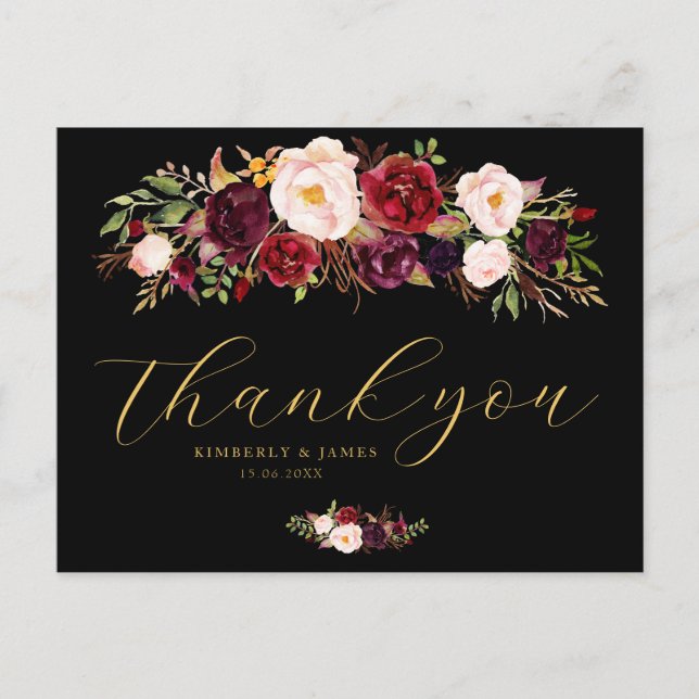 Elegant black, burgundy & blush wedding postcard (Front)
