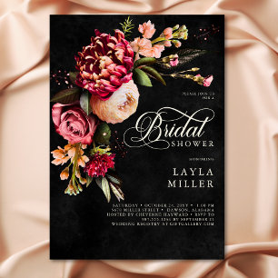Elegant Black Burgundy Floral Script Bridal Shower Invitation