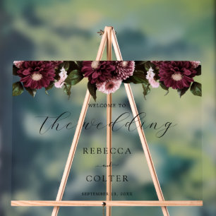 Elegant Black Burgundy Floral Wedding Acrylic Sign