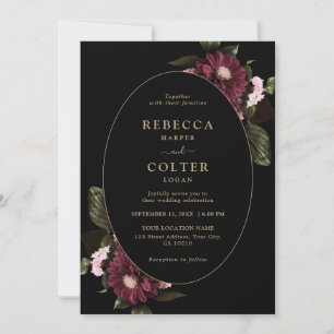 Elegant Black Burgundy Floral Wedding  Invitation
