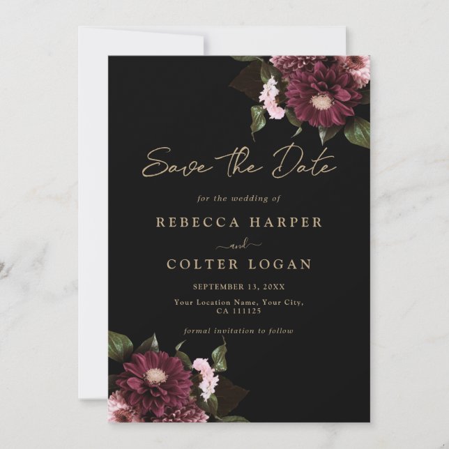 Elegant Black Burgundy Floral Wedding Save The Date (Front)