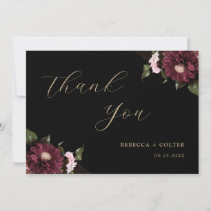 Elegant Black Burgundy Floral Wedding Thank You Card