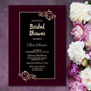 Elegant Black Burgundy Gold Bridal Shower Invitation