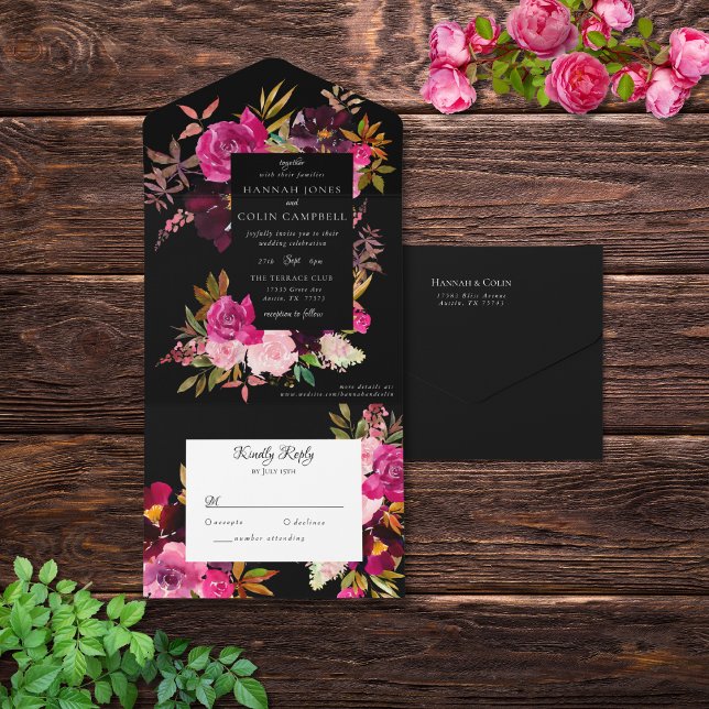 Elegant Black Burgundy Pink Floral Frame All In On All In One Invitation (Creator Uploaded)