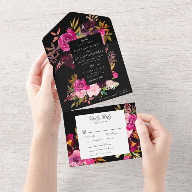 Elegant Black Burgundy Pink Floral Frame All In One Invitation (Tearaway)