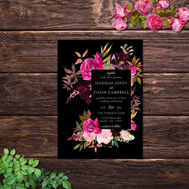 Elegant Black Burgundy Pink Floral Frame Invitation (Creator Uploaded)