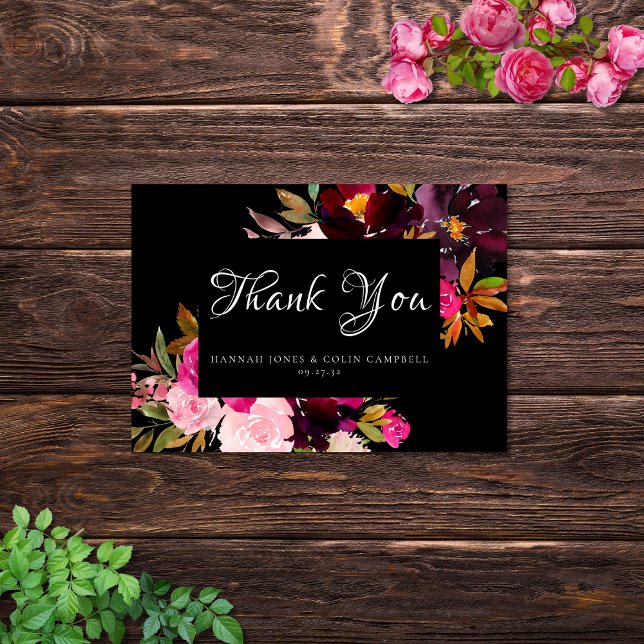 Elegant Black Burgundy Pink Floral Frame Thank You Card (Creator Uploaded)