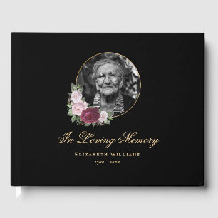 Elegant Black Burgundy Pink Floral Funeral Photo Guest Book