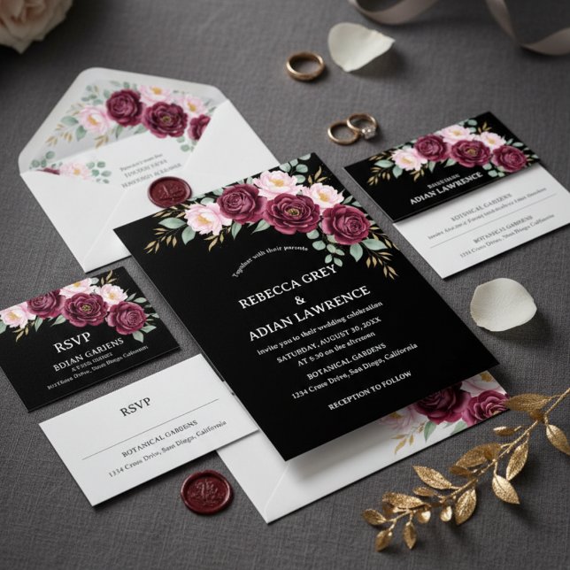 Elegant Black & Burgundy Pink Floral Wedding  Invitation (Creator Uploaded)