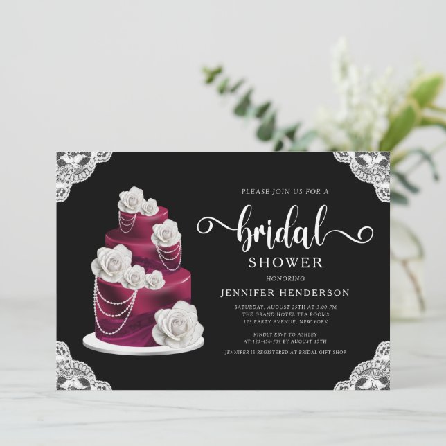 Elegant Black Cake & Lace Bridal Shower Invitation (Standing Front)
