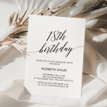 Elegant Black Calligraphy 18th Birthday Invitation<br><div class="desc">This elegant black calligraphy 18th birthday invitation is perfect for a simple birthday party. The neutral design features a minimalist card decorated with romantic and whimsical typography.</div>