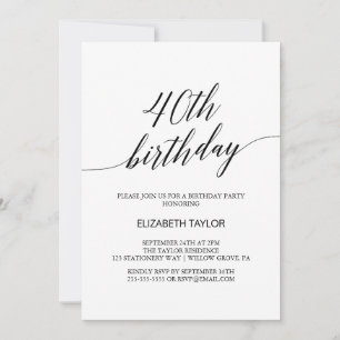 Elegant Black Calligraphy 40th Birthday Invitation