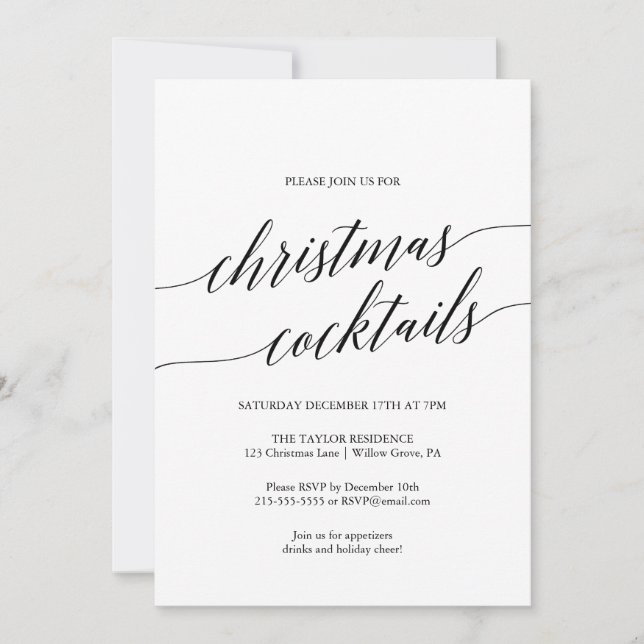 Elegant Black Calligraphy Christmas Cocktail Party Invitation (Front)