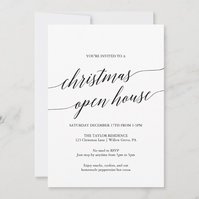 Elegant Black Calligraphy Christmas Open House Invitation (Front)