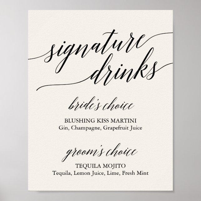 Elegant Black Calligraphy Cream Signature Drinks Poster (Front)
