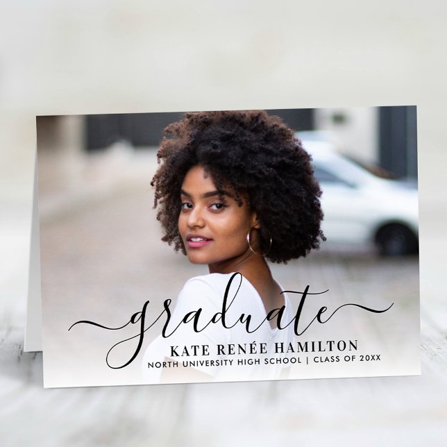 Elegant Black Calligraphy Graduate Photo Thank You Card (Creator Uploaded)