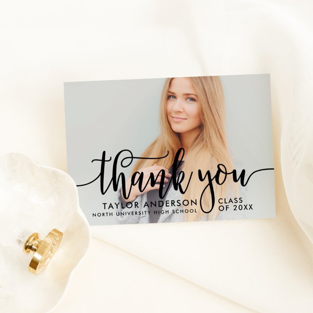 Elegant Black Calligraphy Graduation Photo Thank You Card (Creator Uploaded)