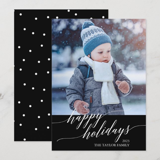 Elegant Black Calligraphy Happy Holidays Photo Holiday Card (Front/Back)