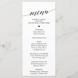 Elegant Black Calligraphy Heart Dinner Menu Card