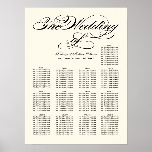 Elegant Black Calligraphy Ivory Wedding Seating Poster (Front)