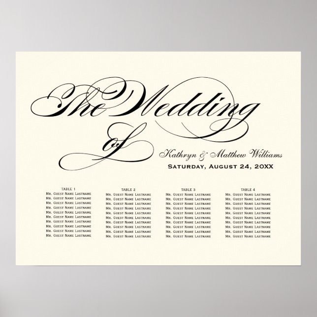Elegant Black Calligraphy Ivory Wedding Seating Poster (Front)