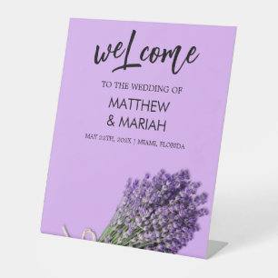 Elegant Black Calligraphy Lavender Wedding Welcome Pedestal Sign