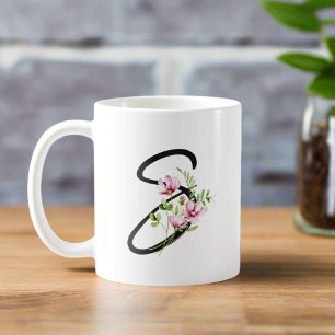 Elegant Black Calligraphy Letter "S" Floral Coffee Mug
