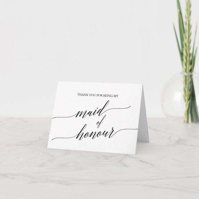 Elegant Black Calligraphy Maid of Honour Thank You Card (Front)