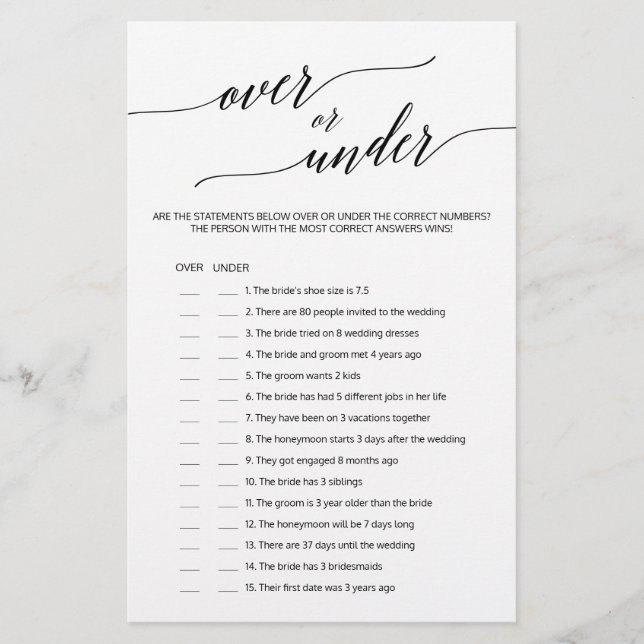 Elegant Black Calligraphy Over or Under Game (Front)