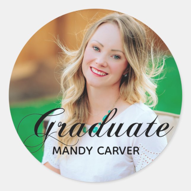 Elegant Black Calligraphy Overlay Graduate Photo Classic Round Sticker (Front)