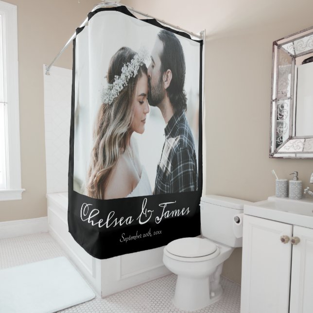 Elegant Black Calligraphy Photo Personalised  Shower Curtain (In Situ)