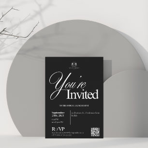 Elegant Black Calligraphy QR Business Opening Invitation