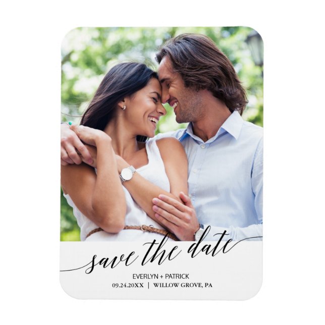 Elegant Black Calligraphy Save the Date Photo Magnet (Vertical)