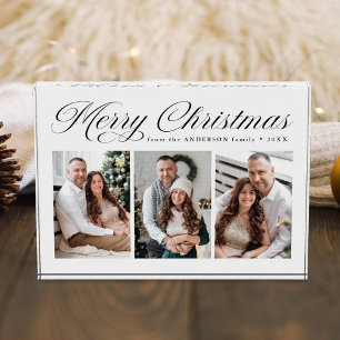 Elegant Black Calligraphy Script Merry Christmas 3 Photo Block