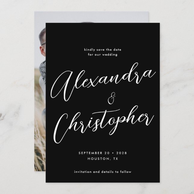 Elegant Black Calligraphy Script Wedding Photo Save The Date (Front/Back)
